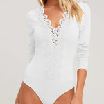 V-neck Lace Trim Long-sleeved Bodysuits