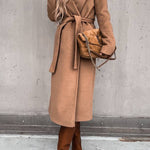 Lapel belted long wool coat