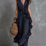Vintage Ruffle V-Neck Tencel Faux-Denim Jumpsuit