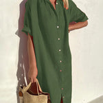 Turn-Down Collar Short Sleeve Single Breasted Loose Shirt Dress Solid Color Summer Beach Dresses