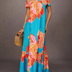A-Line Loose Elasticity Flower Print Pleated Split-Joint Off-The-Shoulder Maxi Dresses