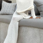 Marisol Ribbed Boucle Material Draped Off Shoulder Stretch Vacation Maxi Dress