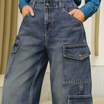 High Waisted Loose Buttoned Pockets Solid Color Split-Joint Jean Pants Bottoms