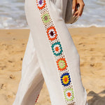 Dimarco Linen Blend Colorful Crochet Flower Patchwork Stretch Waist Wide Leg Pants