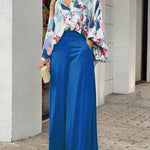 Two Piece Sets Long Puff Sleeve Shirt and Wide Leg Pants Streetwear Elegant Printed Vintage Sets