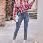 Nadorine Loose Fit Plaid Shirt Casual Long Sleeve Lapel Collar Button Tunic Tops