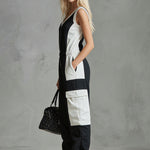 Casual Retro Sporty Black And White Color-blocked V-neck Half-zip Jumpsuit