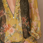 Zip-Front Ruffled Floral Chiffon Blouse