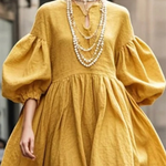 Loose Puff Sleeves Solid Color Round-neck Maxi Dresses