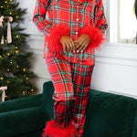 Christmas-themed satin feather-trimmed pajama set
