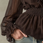Fashionable Retro Ruffled Brown Off-shoulder Chiffon Blouse