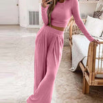 Two Pieces Sets Long Sleeve Crop Thread Top Casual High Waist Wide Leg Pants