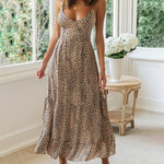 Vintage Bohemian Leopard Print Dress Criss Cross Backless Swing Midi Dress Tie Back Maxi Long Bodycon Dress