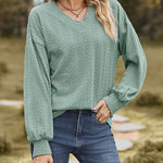 V-Neck Solid Color Twisted Knit Long Sleeve Loose T-Shirt Tops