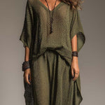 Bohemian Open-Knit Batwing Top & Wide-Leg Pants Set