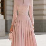 Elegant Blush Pink Pleated Midi Dress With Stand Collar