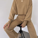 Women's Knitted Two Pieces Sets Turtleneck Cropped Sweater with High-waisted Flared Pants