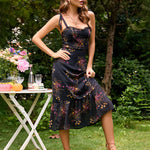 Tie Straps Sleeveless Panel Ruffle Hem Maxi Dress