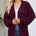 Solid Color Hollowed Out Knitted Cardigan Loose V-Neck Long Sleeved Cardigan Top