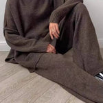 High-neck loose-fitting knit sweater and wide-leg pants two-piece set