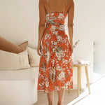 Spaghetti Strap Midi Dresses Sexy Deep V Neck Backless Floral Print Side Slit Maxi Dress