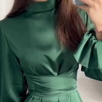 Long Sleeve Belted Puff Sleeve Green Elegant Dress