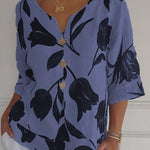 Printed Linen-Cotton V-Neck Pullover Shirt
