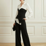 Elasticated Waist Irregularity Asymmetric Buttoned Contrast Color Split-Joint V-Neck Blouses&Shirts Tops
