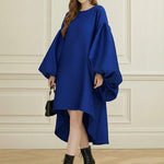 Batwing Sleeves High-Low Pleated Solid Color Split-Joint Round-Neck Midi Dresses