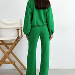 Nadorine Casual Two-Piece Set V-neck Fleece Sweatshirt High-waisted Wide-leg Pants