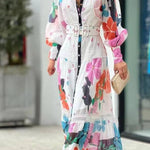 Floral Print Lace Paneled Single Breasted Long Sleeved Maxi Dress