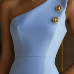 【24-hour shipping out】Women's Blue Off-shoulder Hip-wrapped Dress With Gold Buttons