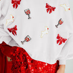 Christmas Bow Wine Glass Sequin Loose Long Sleeve Sweatshirt