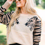 Oatmeal Tiger Printed Long Sleeve Sweater