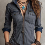 Vintage Washed Zip-up Long-sleeved Denim Shirt