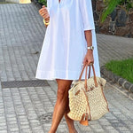 Half Sleeves Loose Solid Color Lapel Mini Dresses