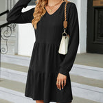 Solid Color Patchwork V-Neck Long Sleeves Loose-Fitting A-Line Dress