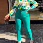 Long Sleeves Buttoned Printed Lapel Blouses Top + High Waisted Pants Bottom Two Pieces Set
