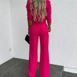 Nadorine Casual Two-Piece Set Slim-Fit Half-sleeve Crop Tops and Wide-Leg Pants