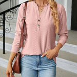 Solid Color V-Neck Buttoned Jacquard Loose-Fitting Long-Sleeved T-Shirt Top