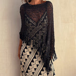 Nadorine Women's Dolman Sleeve Fringe Knit Sweater Pullover Cape Shawl Blouse