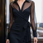 Long Sleeves Loose Buttoned Pleated Solid Color Split-Joint Tied Waist Lapel Maxi Dresses