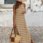Striped Printed Sundress Round Neck Sleeveless High Waist Slim Low Neck Long Dress