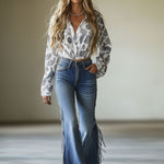 Vintage Blue Flared Fringe Jeans