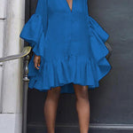 Flared Sleeves Loose Pleated Solid Color Split-Joint V-Neck Mini Dresses