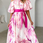 Floral Print Elegant Puff Sleeve Tie-Waist Midi Dress