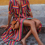 Long Sleeves Loose Split-Joint Striped Lapel Maxi Dresses Shirt Dress
