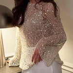 Fashion Sequined Hollow Long Sleeve Loose Knit Top
