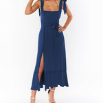 Tie-straps Ruffled Square Collar Sleeveless Slit Mid-length Dress