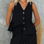 Side Split Button Up Sleeveless Top and Wide Leg Pants Set
